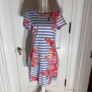 Joules Blue Striped Dress with Pink Floral Accents size 8 women’s D213